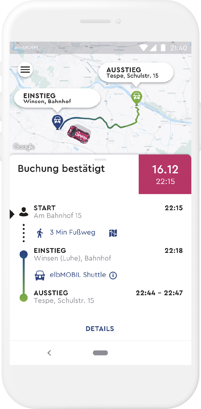 App-Screenshot: Buchungsbestätigung mit Fahrtdaten: elbMOBIL Shuttle von Winsen (Luhe) Bahnhof nach Tespe.